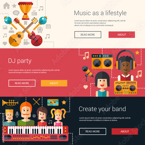 Set of music flat modern illustrations, banners, headers with