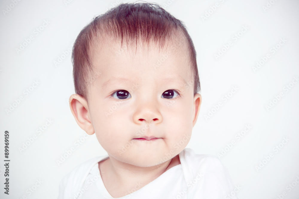 Asian baby girl smiling, studio shot (soft focus on the eyes) Asian baby girl smiling, studio shot (soft focus on the eyes)