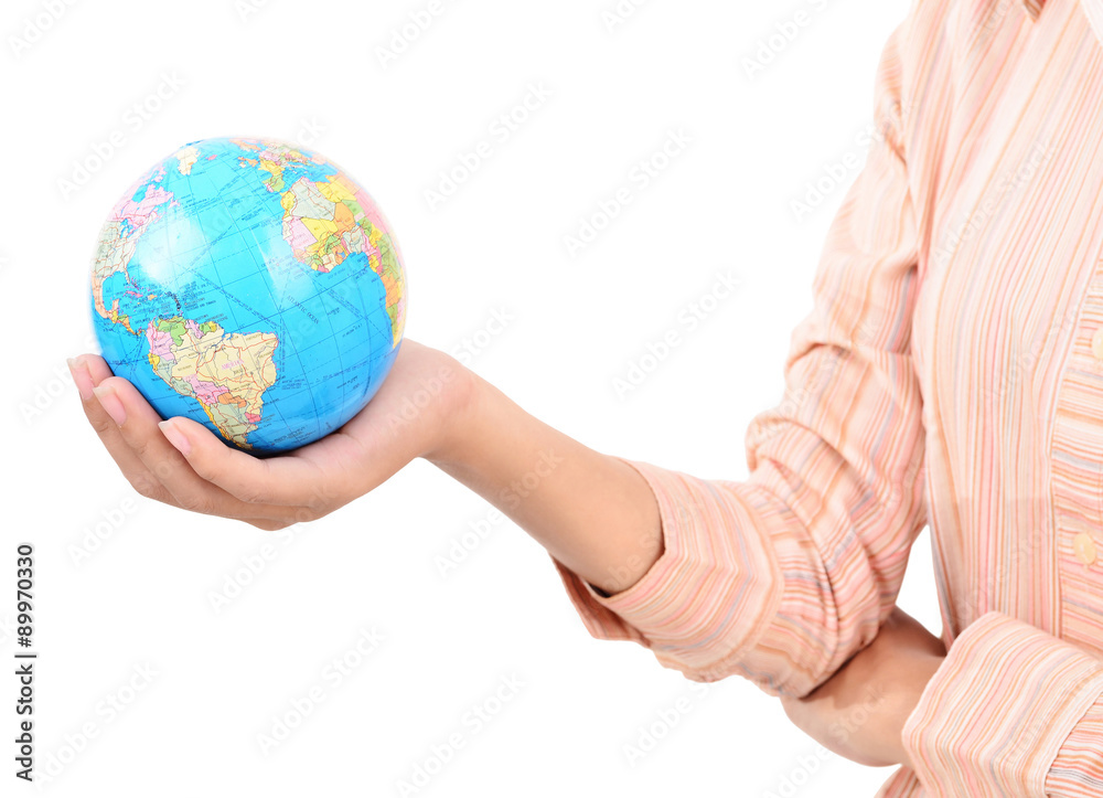 Woman holding the world in her hands isolated on white background Woman holding the world in her hands isolated on white background
