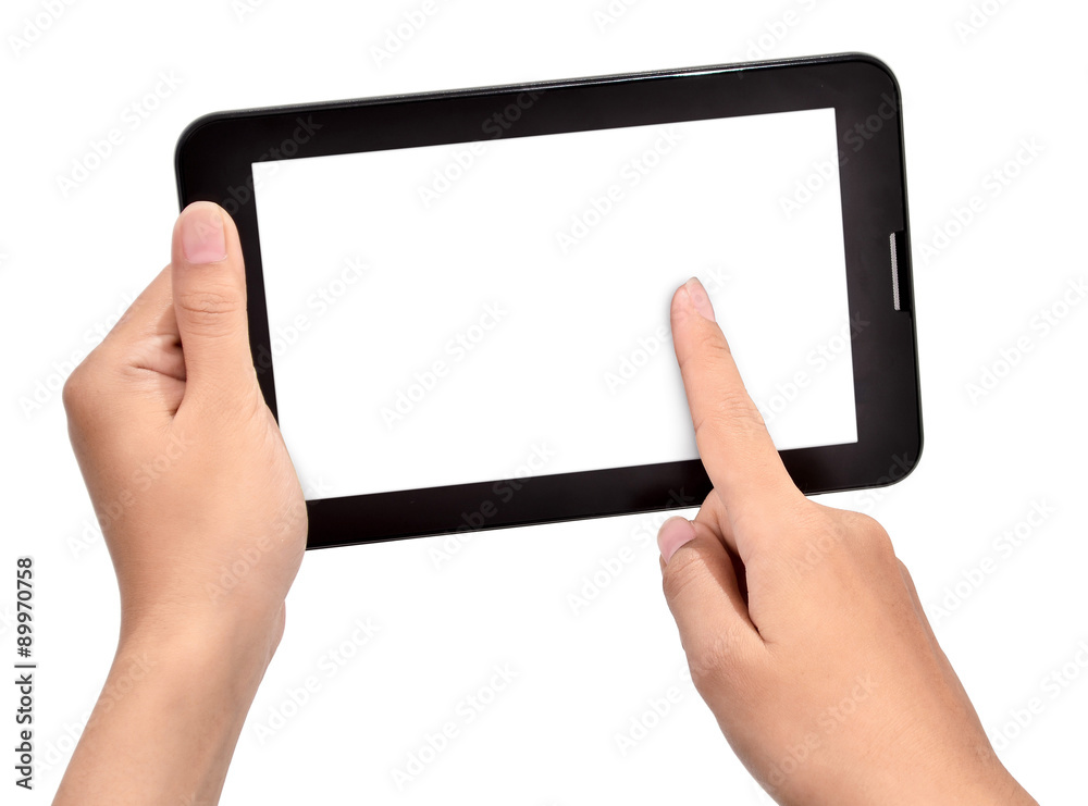 female hand using touch tablet, isolated on white background