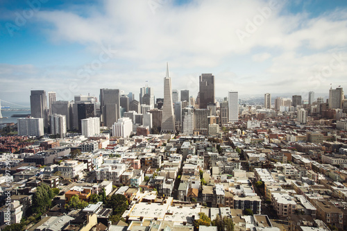 Spectacular aerial panorama of San Francisco Financial District made from the top floor of Coit tower on sunny day, California