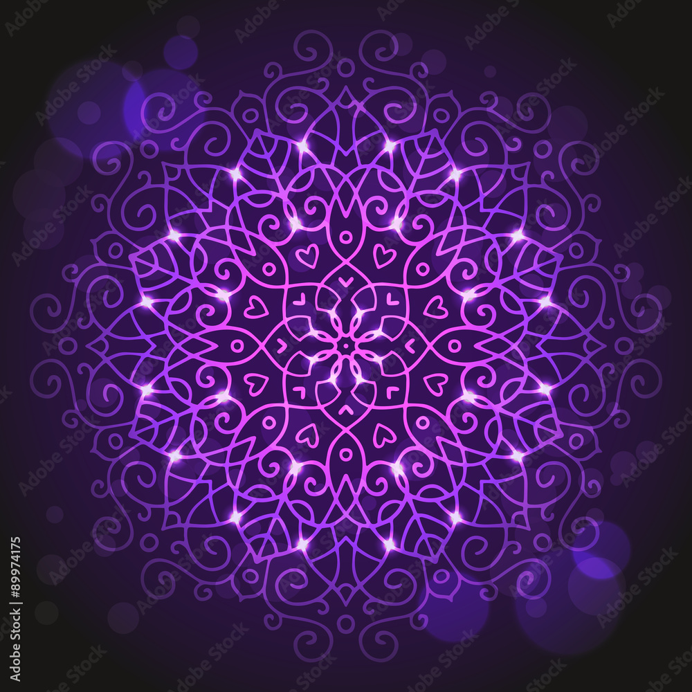 Abstract purple background with a round mandala ornament, sparkl Abstract purple background with a round mandala ornament, sparkl