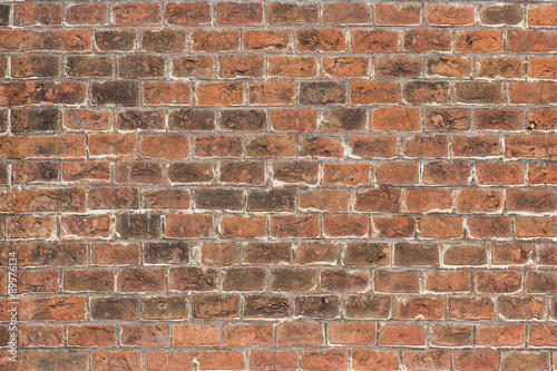 Detailed old red brick wall background photo texture.
