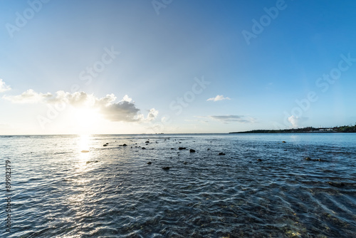 Sunset  sunbeam  sky  sea  coast. Okinawa  Japan  Asia.