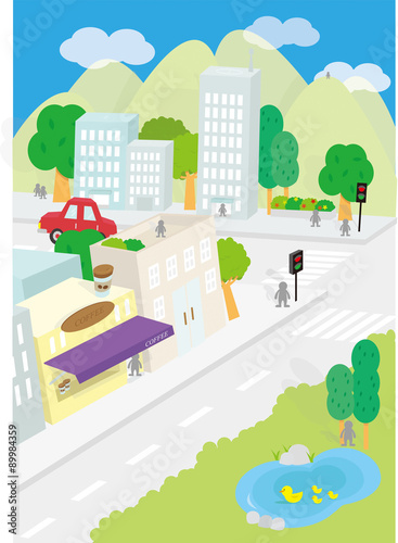A crossroad in a city. Buildings and pond. Mountain background. Vector Illustration