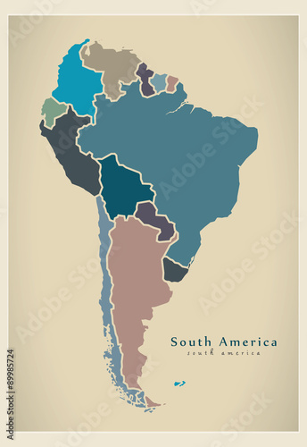 Modern Map - South America with all countries complete colored