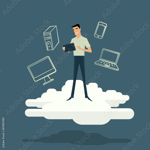 Cloud computing internet concept with tablet smartphone computer desktop monitor user downloads flat design vector, Illustration.