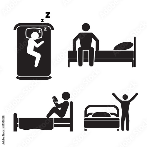Person in bed icons. Hotel sleep signs