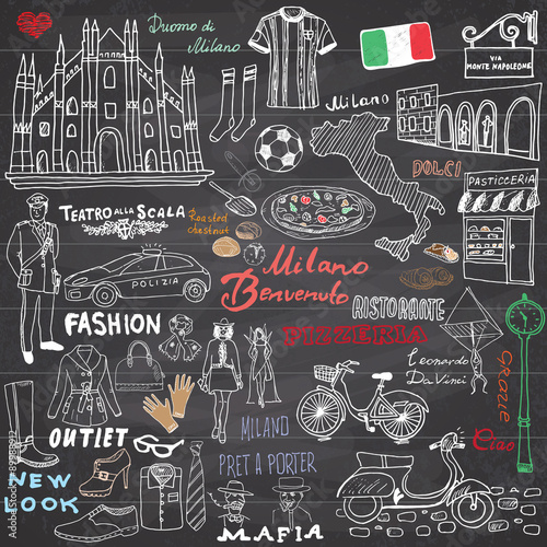 Milan Italy sketch elements. Hand drawn set with Duomo cathedral, flag, map, shoe, fashion items, pizza, shopping street, transport and traditional food. Drawing doodle collection, on chalkboard