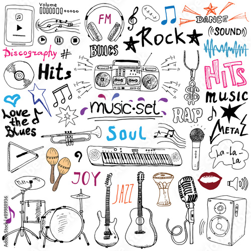Music items doodle icons set. Hand drawn sketch with notes, instruments, microphone, guitar, headphone, drums, music player and music styles letterig signs, vector illustration, isolated