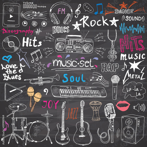 Music items doodle icons set. Hand drawn sketch with notes, instruments, microphone, guitar, headphone, drums, music player and music styles letterig signs, vector illustration, chalkboard background