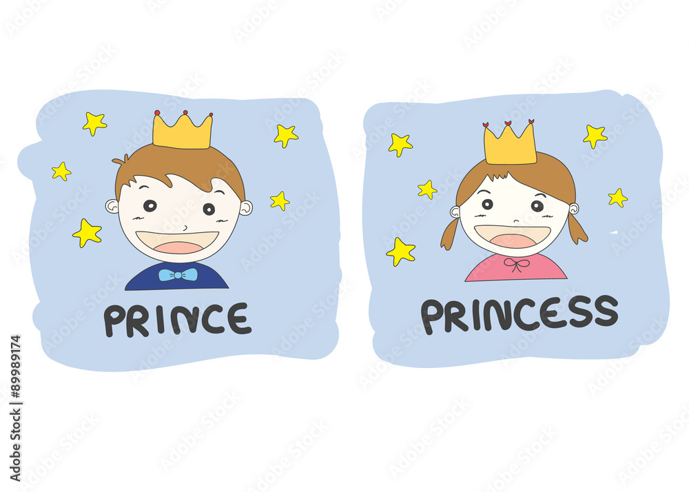 cartoon prince and princess with gold crown and yellow stars and cartoon prince and princess with gold crown and yellow stars and