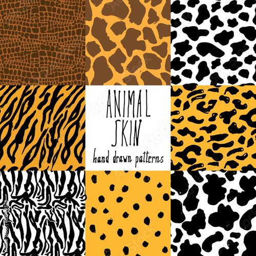 Animal skin hand drawn texture, Vector seamless pattern set, sketch drawing cheetah, cow, clocodile, tiger zeebra and giraffe skin textures