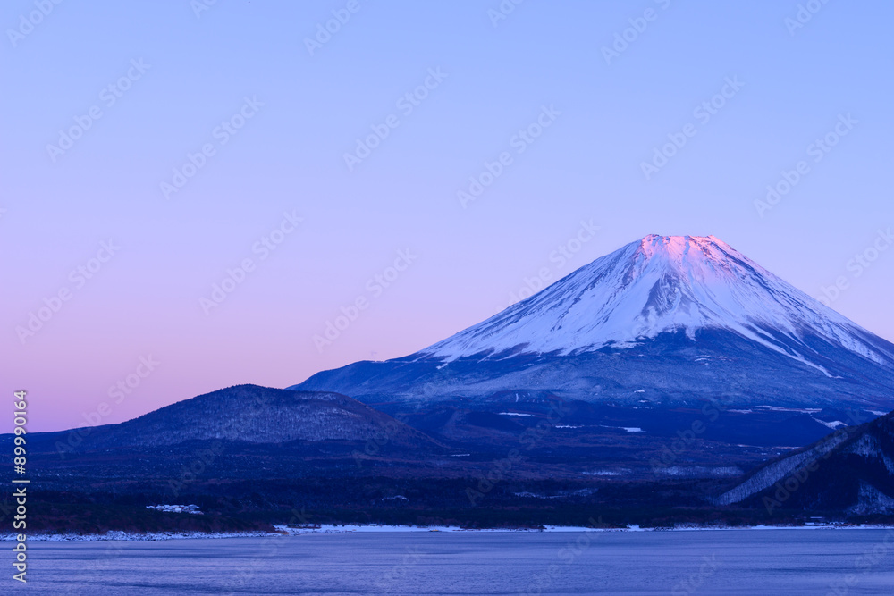 Mt.Fuji and Lake Motosuko at dusk