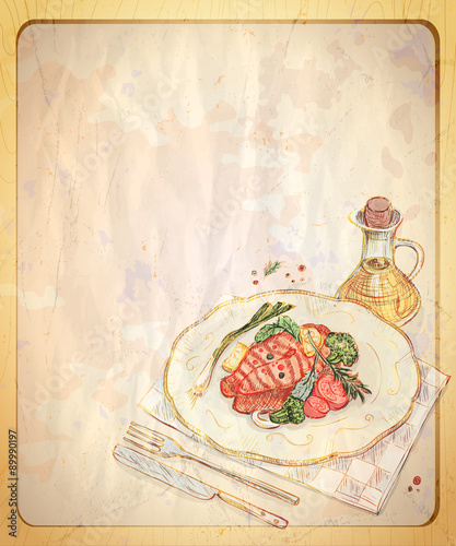 Old empty paper backdrop with graphic illustration of greek salad.