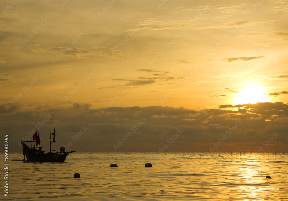 Small fishing boat on sea water ;  silhouette & minimal style