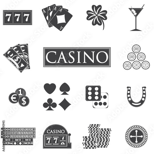Casino and gambling icons set with slot machine and roulette, chips, poker cards, money, dice, coins, horseshoe flat design vector illustration