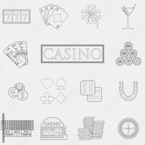 Casino and gambling line icons set with slot machine and roulette, chips, poker cards, money, dice, coins, horseshoe flat design vector illustration