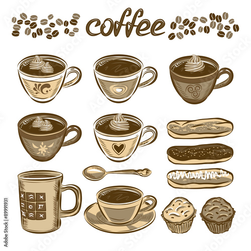Hand drawn vector coffee set. Coffee cups and cakes.