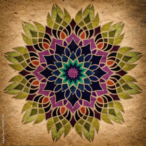 Flower Mandala with old paper background. Ornamental round floral Pattern.