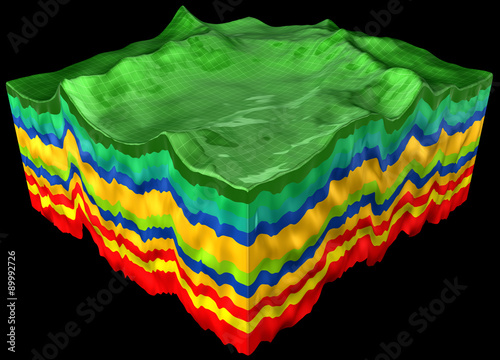 Fototapet abstract geology cut, layers scheme, 3d render isolated on black