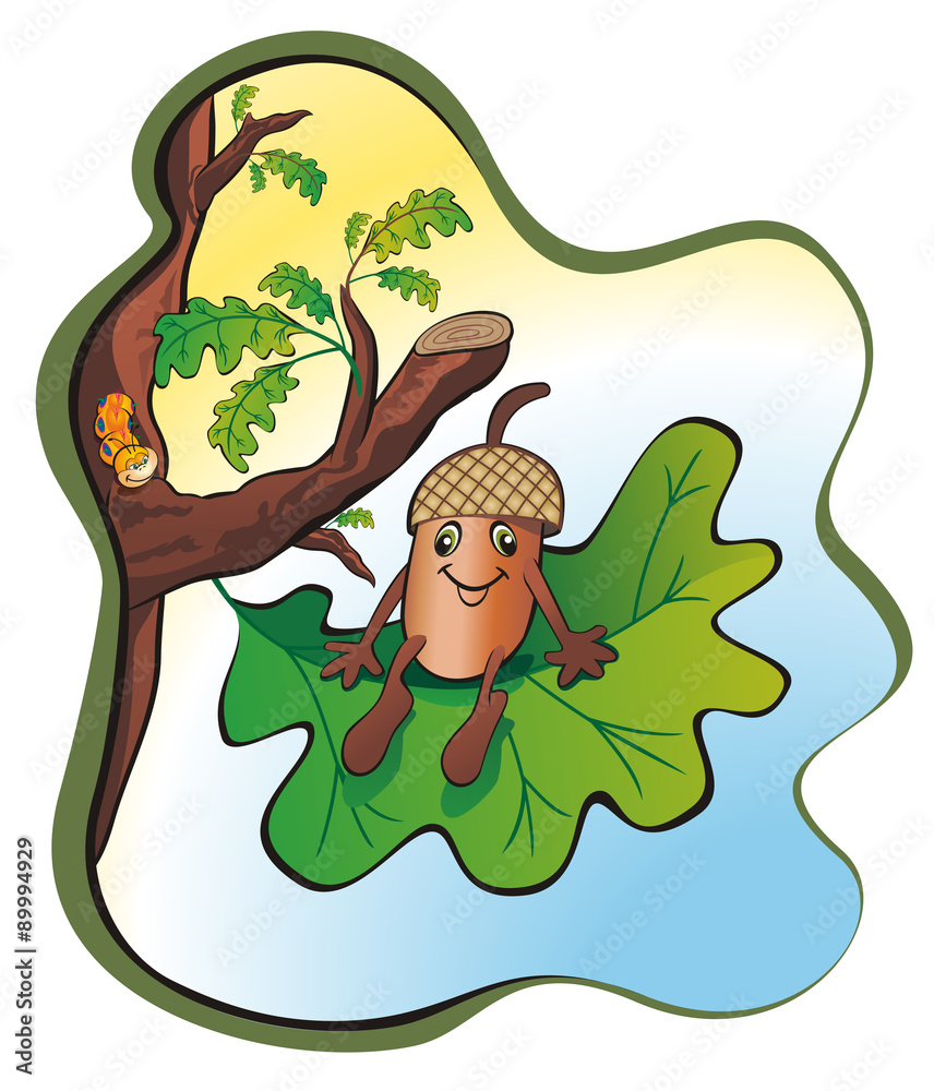 Аcorn, cartoon, small acorn sitting on a sheet of oak, big and evil  caterpillar creeps from holes of wood to it vector illustration, on the  background of the sunny sky Stock Vector |