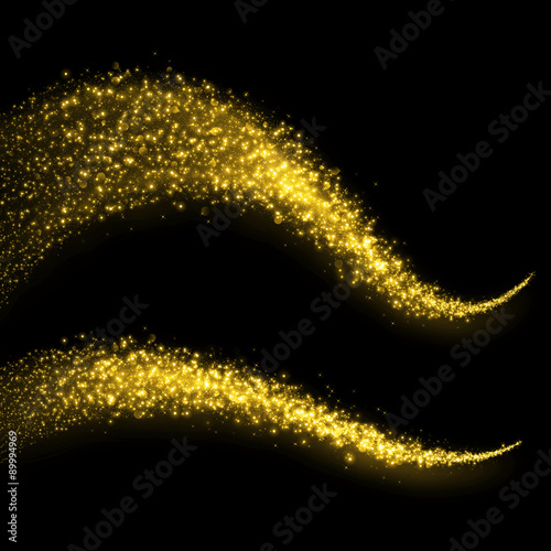 Gold glittering bokeh stars dust tail.