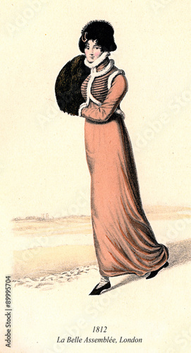 Vintage women fashion illustrated, 1813, lady wearing spencer and fur sleeve