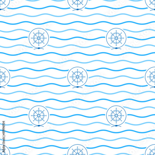 Seamless Pattern with Ship's Wheel  Emblem, Blue  Ship's Wheel  in the Middle of a Rope  on a Background of  Blue Waves, Seamless Pattern with Marine Element for Web Design or Wallpaper or Fabric