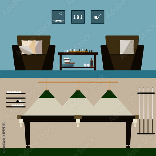 men's and billiard room interiors isolated on stylish cover. Bright modern illustration in trendy flat style for use in design for for card, invitation, poster, banner, placard or billboard background