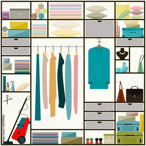 sliding-door wardrobe with clothes and some household items
