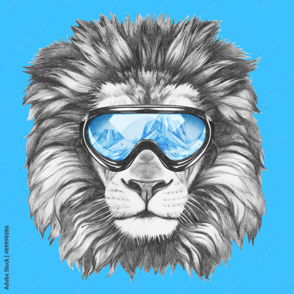 Fototapeta premium Portrait of Lion with ski goggles. Hand drawn illustration.