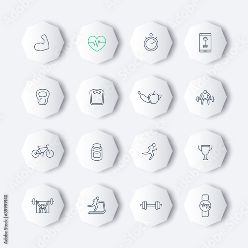 16 fitness, gym, training line octagon icons, vector illustration, eps10, easy to edit