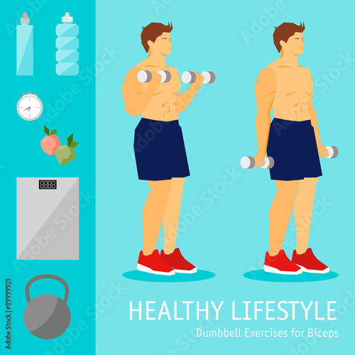 Exercises with dumbbells set. Healthy lifestyle and sports theme