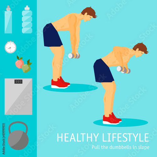 Exercises with dumbbells set. Healthy lifestyle and sports theme
