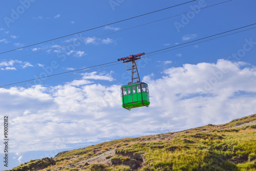 funicular. landscape with a green cable car.