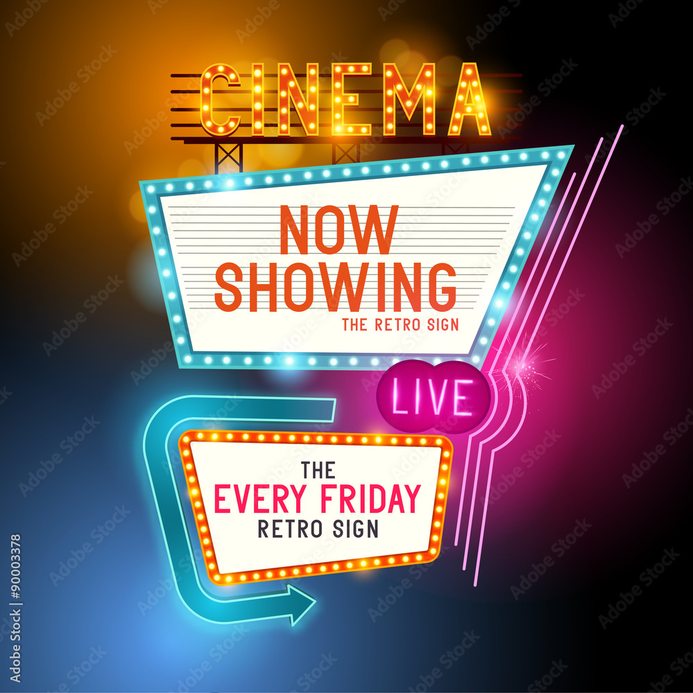 Retro Showtime Sign. Theatre cinema retro sign with glowing neon signs. Vector illustration.