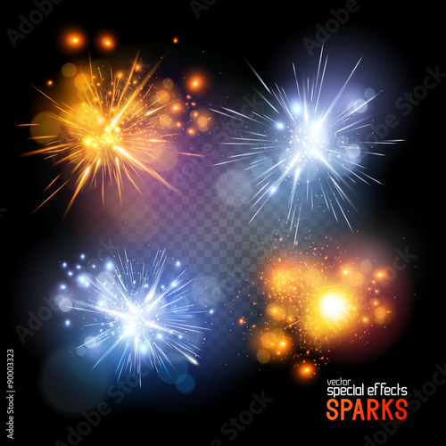 Vector Sparks. A set of vecotr electrical and fire sparks. Vector illustration.