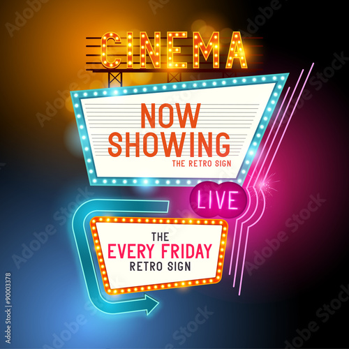 Retro Showtime Sign. Theatre cinema retro sign with glowing neon signs. Vector illustration.