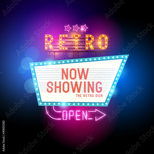 Retro Showtime Sign. Theatre cinema retro sign with glowing neon signs. Vector illustration.
