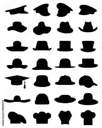 Silhouettes of various caps and hats, vector