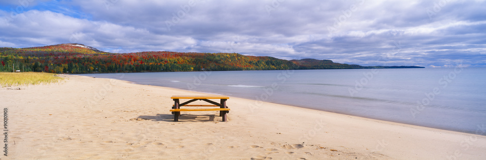 Picnic table on beach at Keweenaw Bay, Lake Superior, Michigan