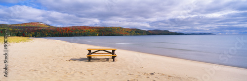 Picnic table on beach at Keweenaw Bay, Lake Superior, Michigan