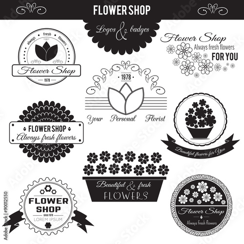 Set of flower symbols, logotypes, badges, icons and signs. Vector floral collection. Black and white design elements for flower shops and florists. 