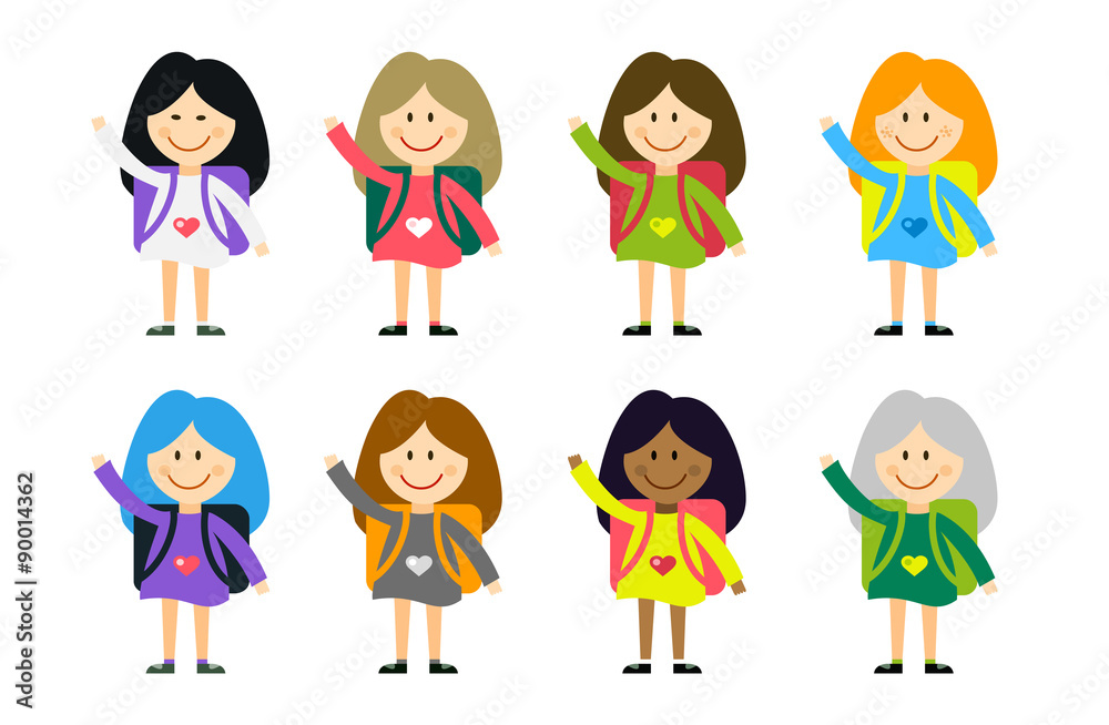 Cute vector cartoon girls from different countries playing on