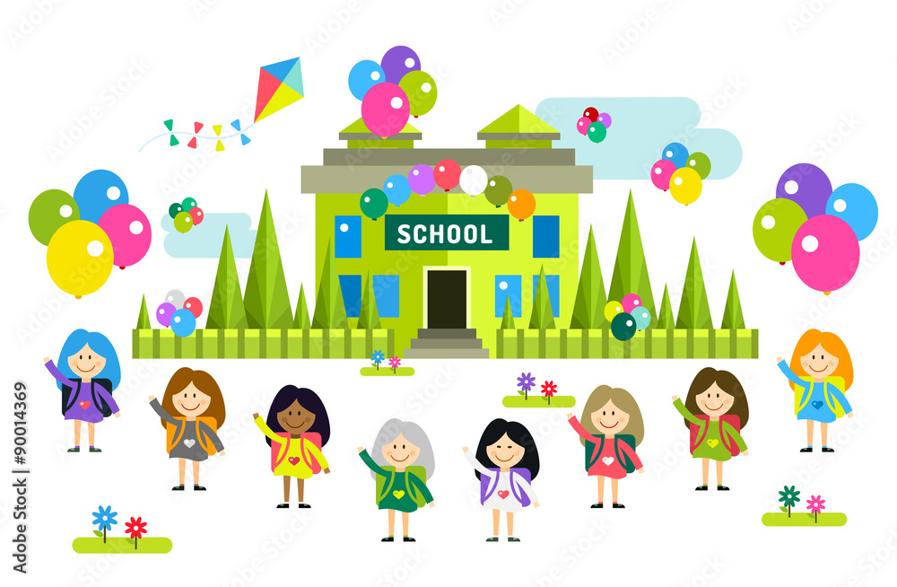 Cute vector cartoon girls from different countries playing near Cute vector cartoon girls from different countries playing near