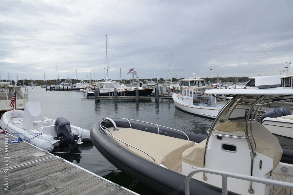 Fototapeta premium docked boats in harbor in Stonington Connecticut