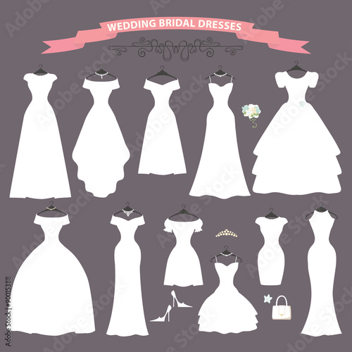 Wedding dress set.Flat design.Bridal shower