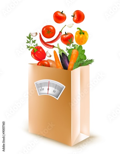 Shopping bag with healthy fruit and a scale. Concept of diet. Ve