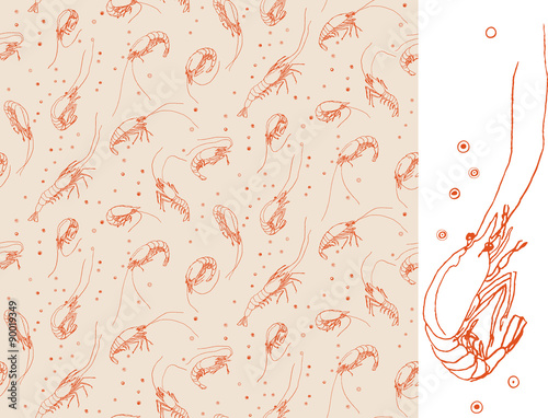 Shrimps. Seamless pattern motif. Orange color linear drawing on